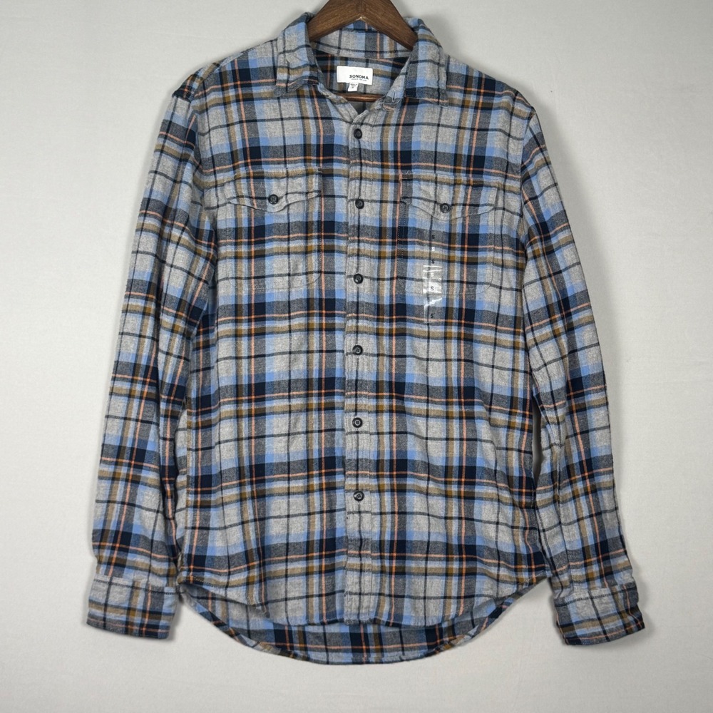 Sonoma Flannel Shirt Mens Small Blue Plaid NWOT Long Sleeve Cotton Button Down